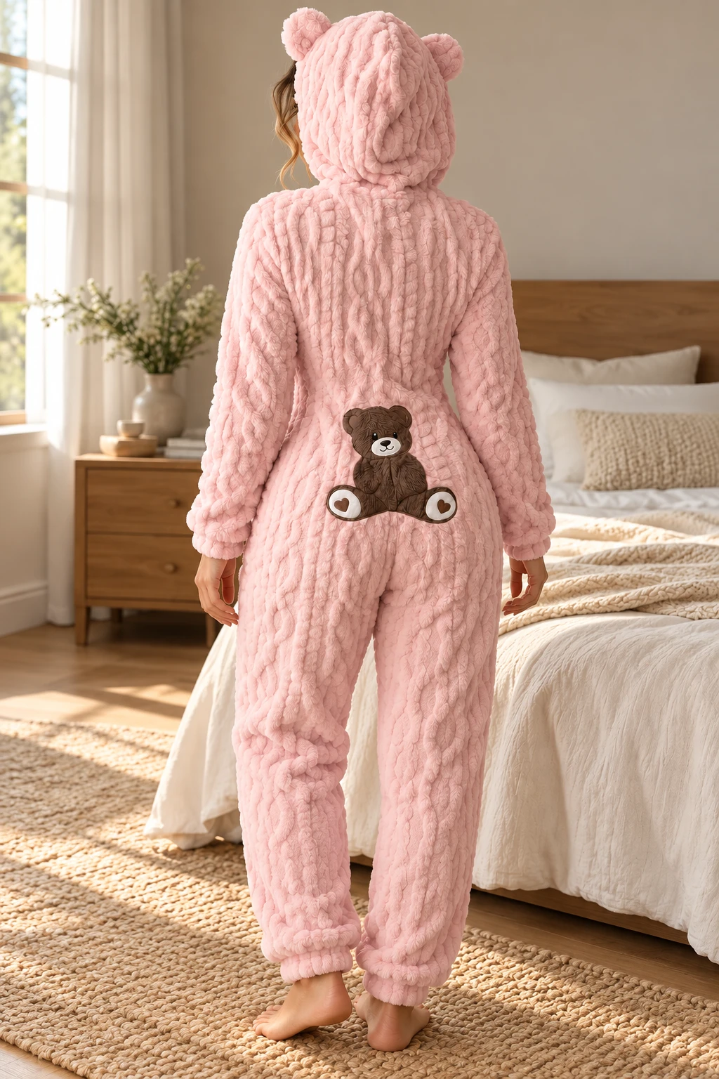 Pembe · Uzun ayıcık detaylı peluş tulum
