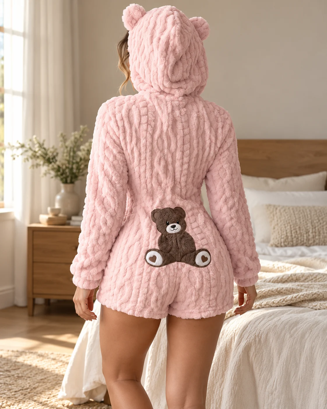 Pembe ayıcık detaylı peluş tulum