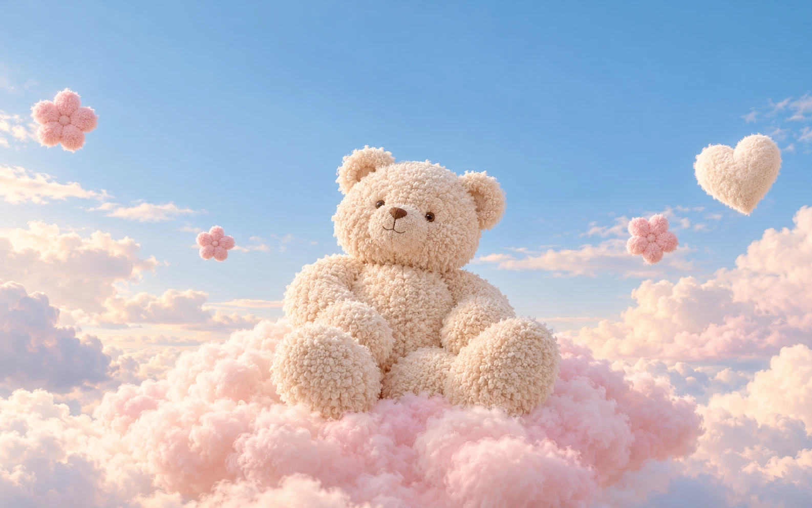Pembe bulutların üzerinde, peluş dokulu üç boyutlu ayıcık